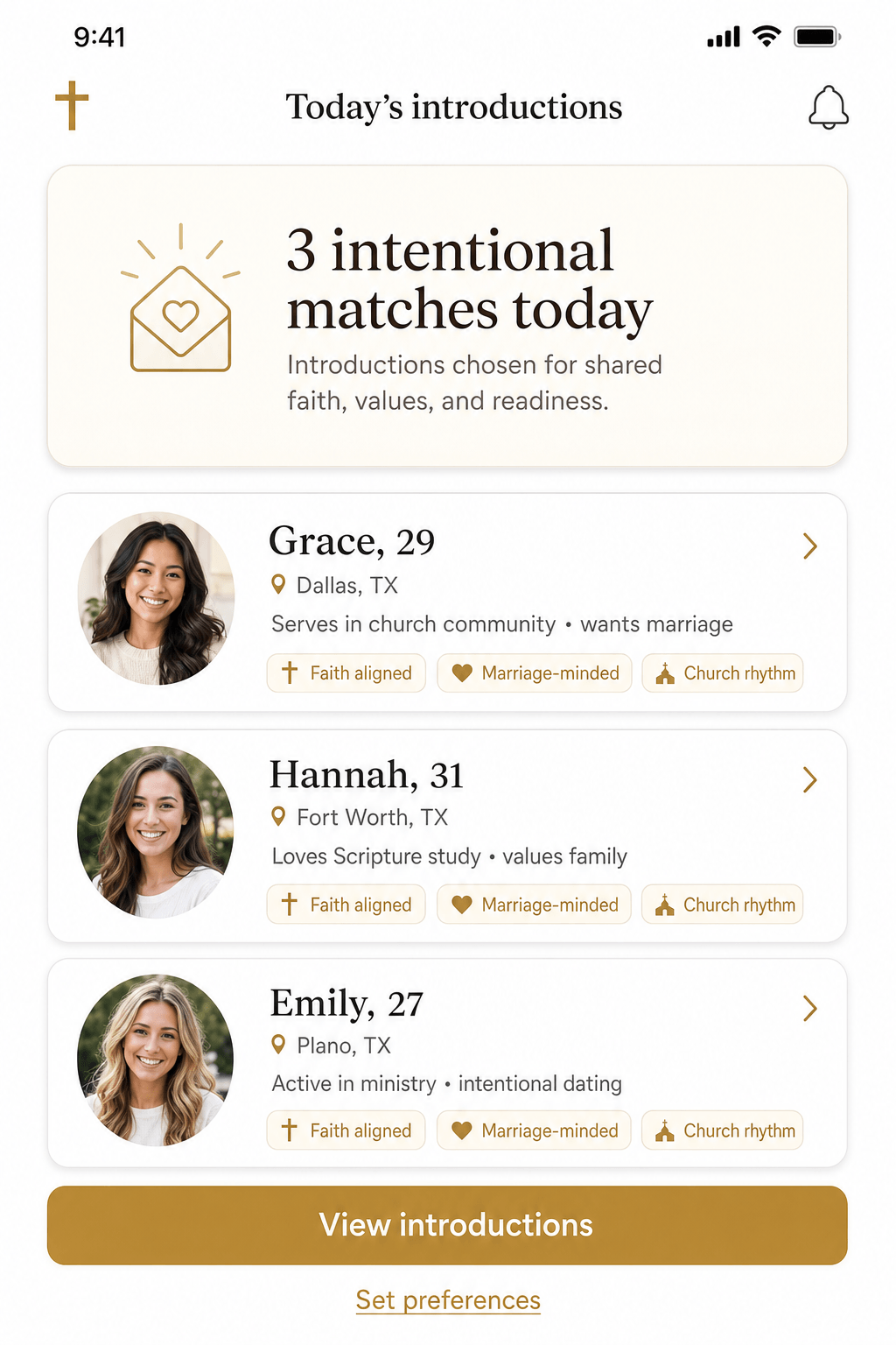 Only Date Christians app screen showing today's thoughtful introductions
